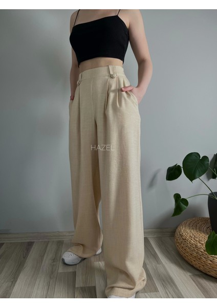 Kadın Taş Keten Düğmeli Yüksek Bel Palazzo Pantolon fiyatları