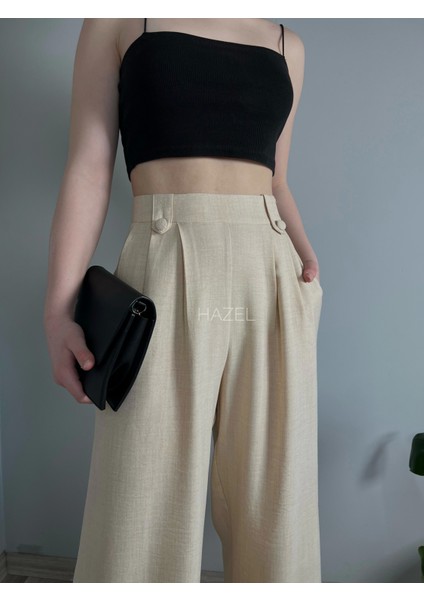 Kadın Taş Keten Düğmeli Yüksek Bel Palazzo Pantolon modelleri