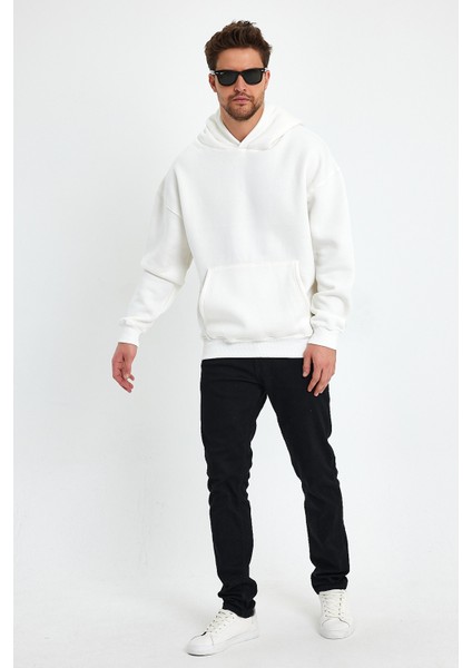 Beyaz Hoodie, Oversize Sweatshirt, Erkek Hoodie, Kanguru Cep Kapüşonlu