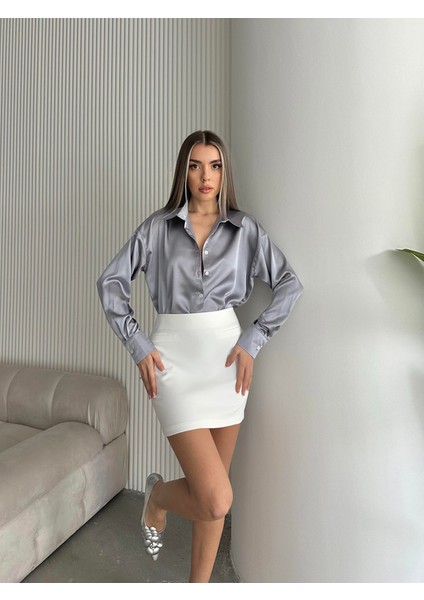 Kadın Gri Saten Gömlek
