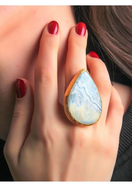 Doğal Taş Mavi Rodokrozit Doğal Taşlı Altın Kaplama Ayarlanabilir Dev Boy Kadın Yüzük