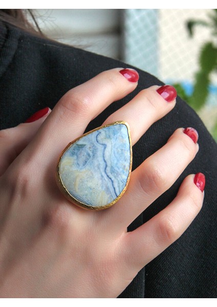 Doğal Taş Mavi Rodokrozit Doğal Taşlı Altın Kaplama Ayarlanabilir Dev Boy Kadın Yüzük fiyatları