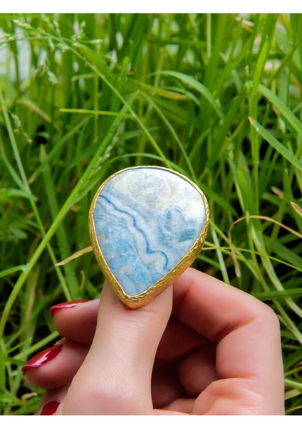 Doğal Taş Mavi Rodokrozit Doğal Taşlı Altın Kaplama Ayarlanabilir Dev Boy Kadın Yüzük modelleri
