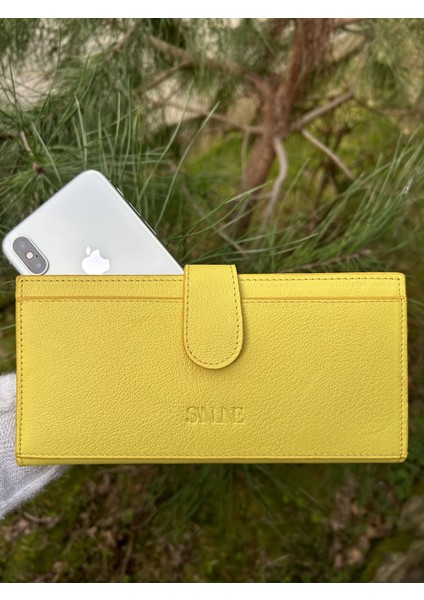 Sanlıne Deri Telefon Bölmeli Kadın Cüzdan - El Portföyü Sarı