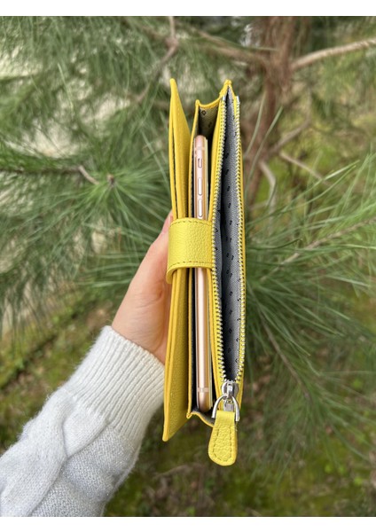 Sanlıne Deri Telefon Bölmeli Kadın Cüzdan - El Portföyü Sarı