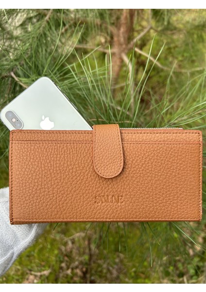 Sanlıne Deri Telefon Bölmeli Kadın Cüzdan - El Portföyü Taba