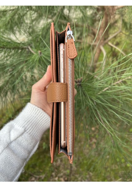 Sanlıne Deri Telefon Bölmeli Kadın Cüzdan - El Portföyü Taba