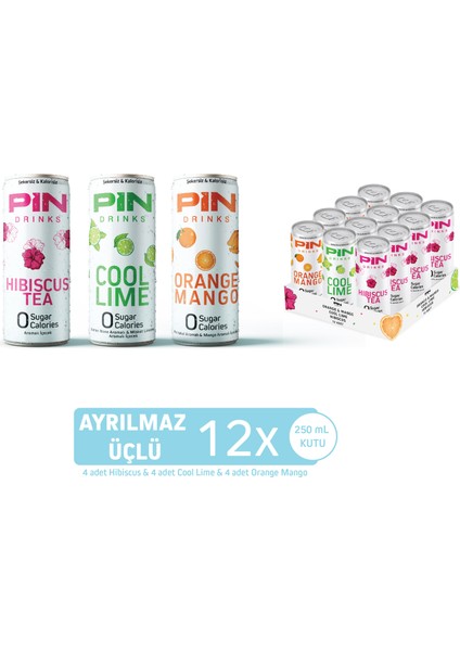 Ayrılmaz Üçlü - Hibiskus & Cool Lime & Orange Mango - Şekersiz & Kalorisiz 250 ml x 12 Adet