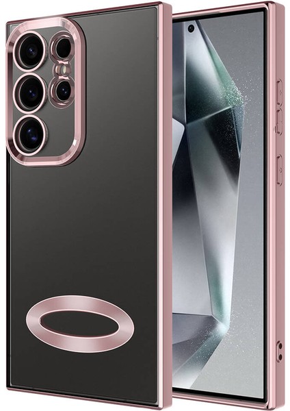 Samsung Galaxy S24 Ultra Kapak Yanları Renkli Lens Korumalı Logo Gösteren Şeffaf Luxury Silikon Kılıf - Rose Gold