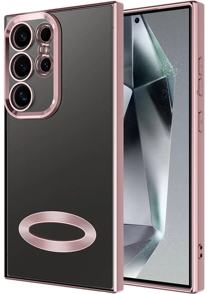 Case World Samsung Galaxy S24 Ultra Kapak Yanları Renkli Lens Korumalı Logo Gösteren Şeffaf Luxury Silikon Kılıf - Rose Gold