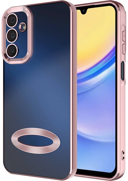 Samsung Galaxy A15 Kapak Lens Korumalı Logo Gösteren Şeffaf Luxury Silikon Kılıf - Rose Gold