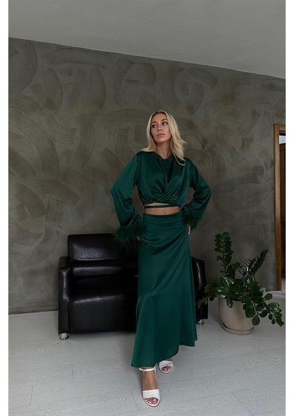 Elbee Fashion Woman Kolları Tüllü Bluz ve Etek Takım - Zümrüt