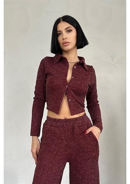 Elbee Fashion Woman Gömlek ve Pantolon Eşofman Takım - Bordo