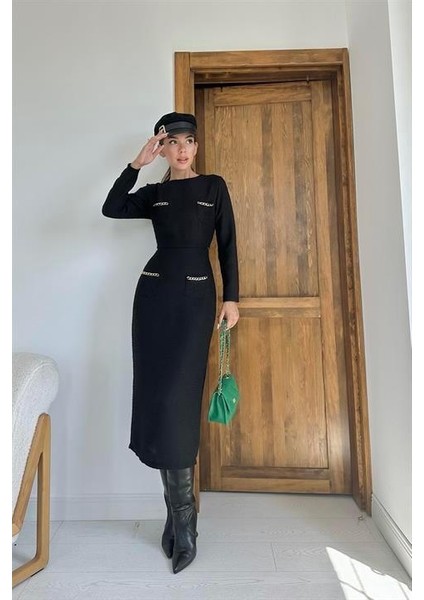 Elbee Fashion Woman Cepleri Zincirli Bluz ve Etek Takım - Siyah