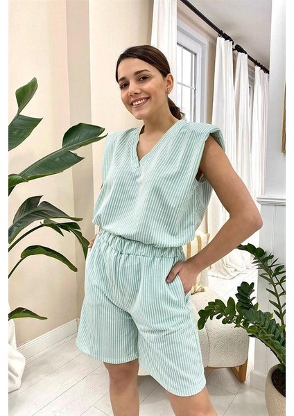 Elbee Fashion Woman Çizgili Şortlu Takım - Mint