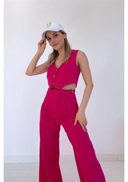 Elbee Fashion Woman Önü Düğmeli Yelek ve Pantolon Takım - Fuşya