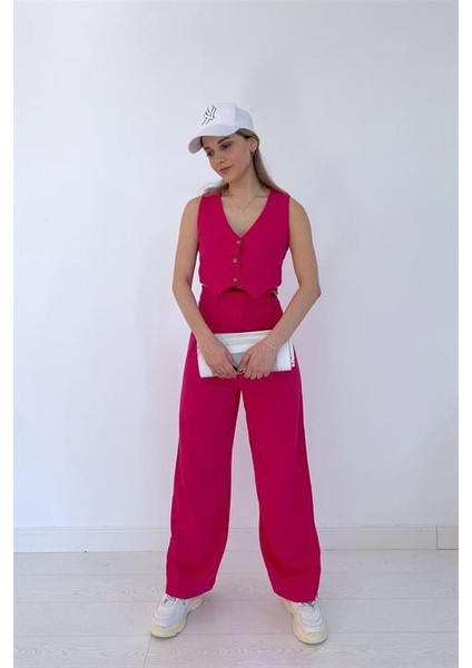 Elbee Fashion Woman Önü Düğmeli Yelek ve Pantolon Takım - Fuşya