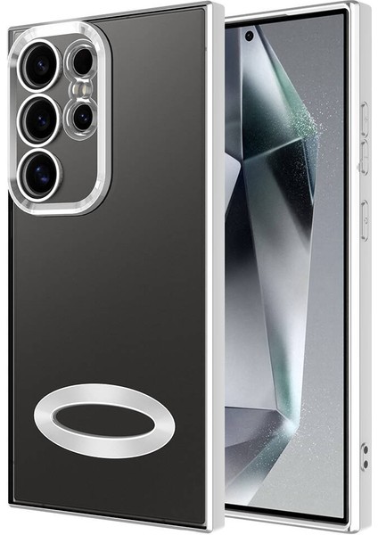 Samsung Galaxy S24 Ultra Kapak Yanları Renkli Lens Korumalı Logo Gösteren Şeffaf Luxury Silikon Kılıf - Gümüş