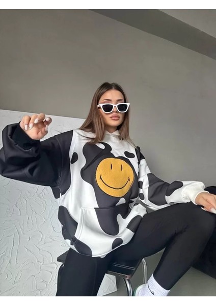 Zenwave Smiley Face Kapüşonlu Sweatshirt - Siyah