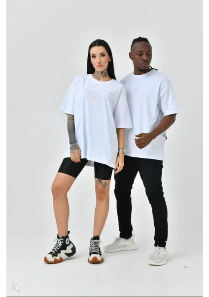 Unisex Basic Bisiklet Yaka Oversize T-Shirt - Beyaz