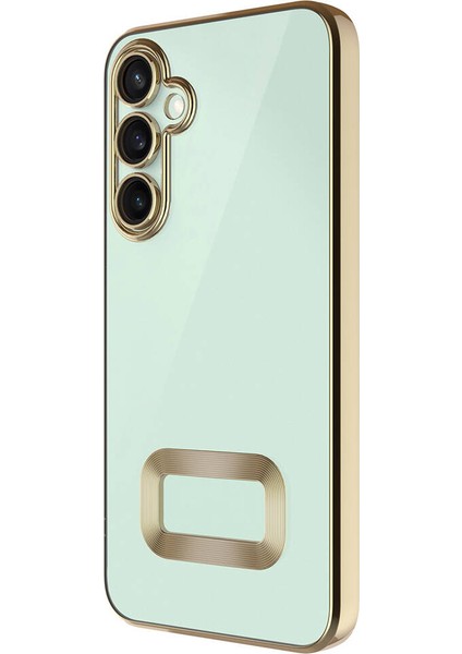 Samsung Galaxy A35 Kapak Lens Korumalı Logo Gösteren Şeffaf Luxury Silikon Kılıf - Gold