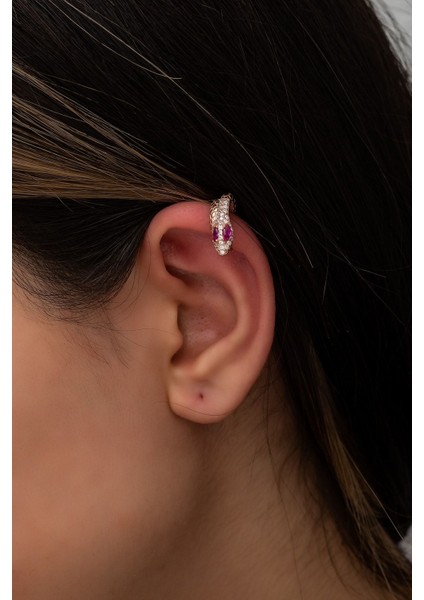 925 Ayar Rose Kaplamalı Ruby Gözlü Yılan Gümüş Kıkırdak Küpe