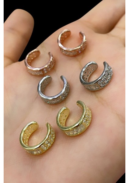 925 Ayar Gold Kaplamalı Beyaz Taşlı Minimal Gümüş Kıkırdak Küpe fiyatları