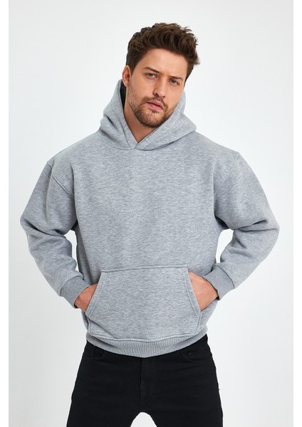 Gri Hoodie, Oversize Sweatshirt, Erkek Hoodie, Kanguru Cep Kapüşonlu fırsatları
