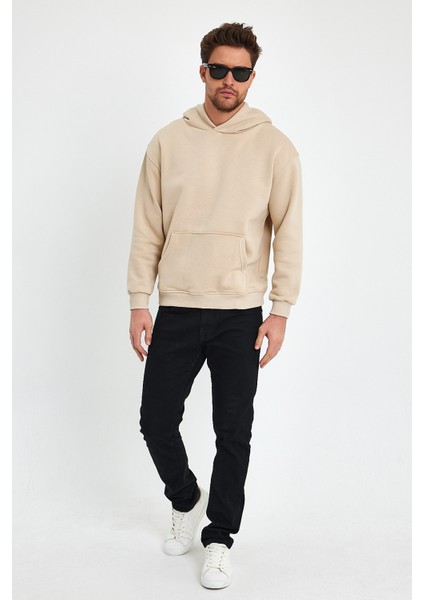 Bej Hoodie, Oversize Sweatshirt, Erkek Hoodie, Kanguru Cep Kapüşonlu
