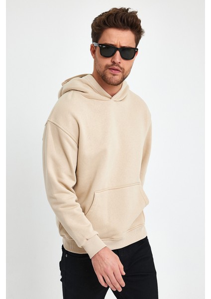 Bej Hoodie, Oversize Sweatshirt, Erkek Hoodie, Kanguru Cep Kapüşonlu fiyatları