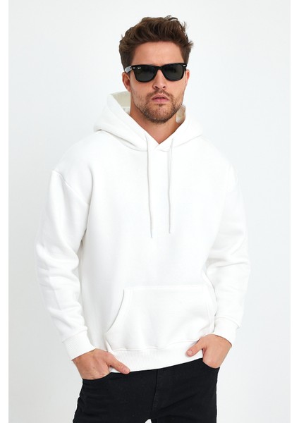 Beyaz Hoodie, Oversize Sweatshirt, Erkek Hoodie, Kanguru Cep Kapüşonlu