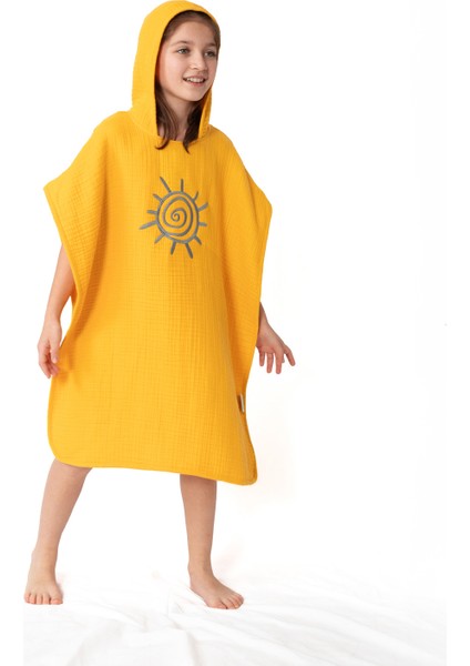 4 Katlı Nakışlı Müslin Panço - Hardal