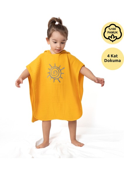 4 Katlı Nakışlı Müslin Panço - Hardal fiyatları