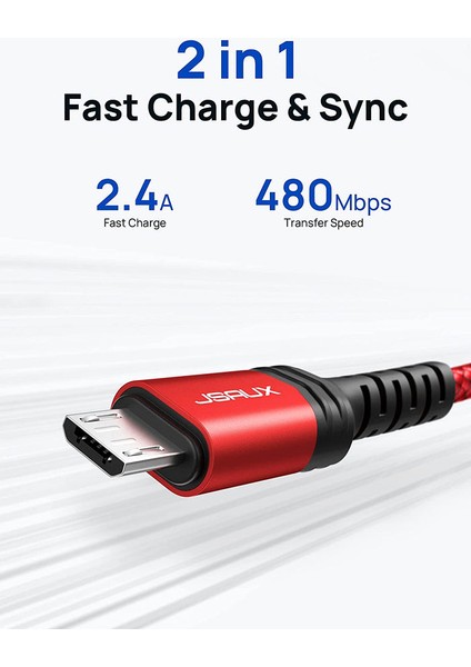 Micro USB 2.4A Hızlı Şarj ve Data Kablosu , Android Şarj Cihazı Mikro Usb'den Usb'ye Naylon Örgülü Kablo Samsung Galaxy S6 S7 Edge Note 5, Kindle, Ps4 ve Daha Fazlası ile Uyumlu Kırmızı