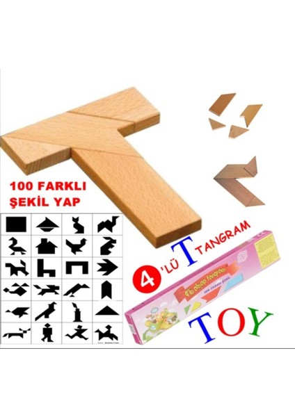 T tangram Ahşap 4’lü Puzzle Zeka Oyunu Eğitici Oyuncak