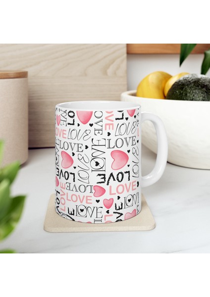 Hediyelik Love Desenli Aşk Romantik Kalpli Kahve ve Çay Kupa Bardağı