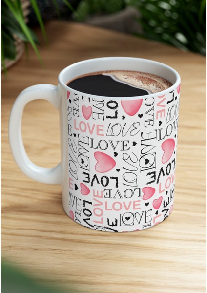 Hediyelik Love Desenli Aşk Romantik Kalpli Kahve ve Çay Kupa Bardağı