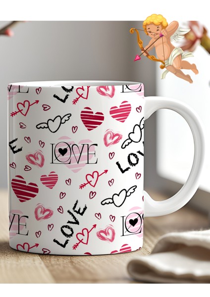 Hediyelik Kalp ve Love Desenli Aşk Kahve ve Çay Kupa Bardağı