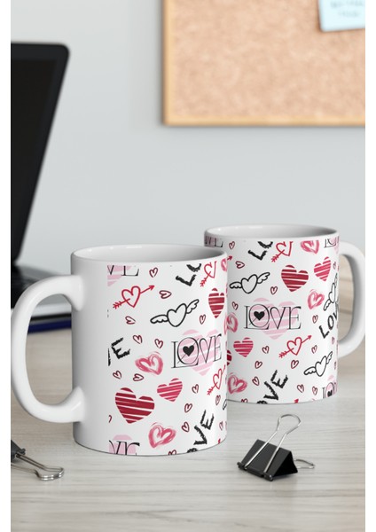 Hediyelik Kalp ve Love Desenli Aşk Kahve ve Çay Kupa Bardağı