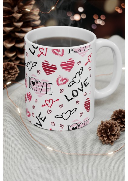 Hediyelik Kalp ve Love Desenli Aşk Kahve ve Çay Kupa Bardağı