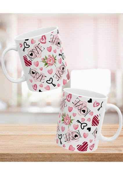 Hediyelik Love Desenli Romantik Kalpli Kahve ve Çay Kupa Bardağı modelleri