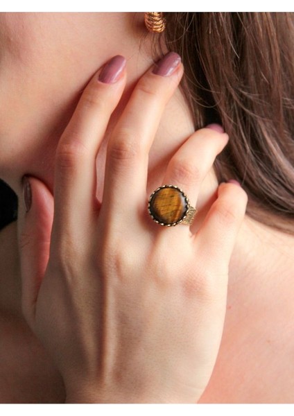 Doğal Taş Kaplangözü Doğal Taşlı Desenli Ayarlanabilir Yuvarlak Kadın Yüzük EUY27K