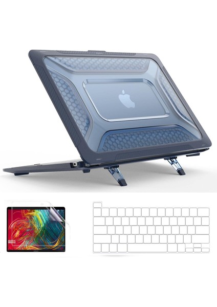 Apple MacBook Pro 14.2'' M3 Çipli 2024 Antishock Katlanabilir Standlı Armor Ön Arka Kapak Kılıf ve Koruyucu Set A2918 A2992