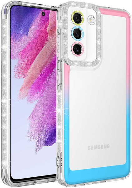 Galaxy S21 Fe Uyumlu Simli ve Renk Geçiş Tasarımlı Lens Korumalı App Park Kapak-Pembe-Mavi