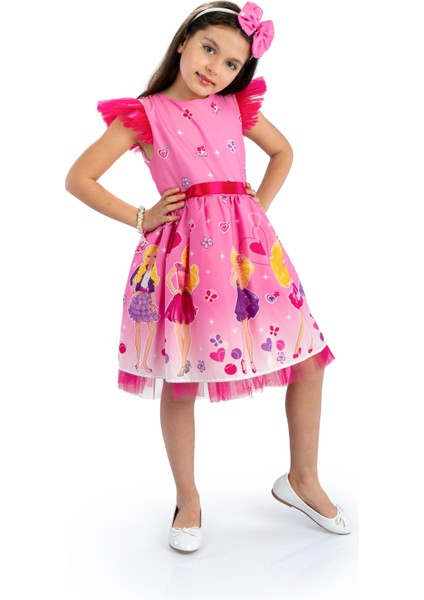 Pembe Barbie Taçlı Kız Çocuk Doğum Günü Parti Elbisesi