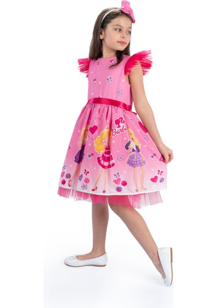 Pembe Barbie Taçlı Kız Çocuk Doğum Günü Parti Elbisesi