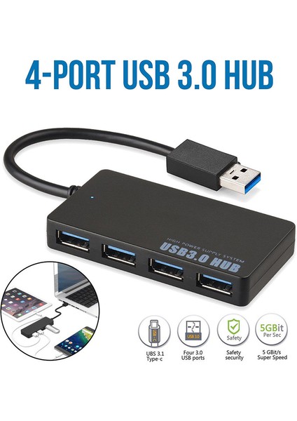 USB 3.0 Hub 4 Bağlantı Noktalı Yüksek Hızlı Ince Kompakt Genişletme Ayırıcı (Yurt Dışından)