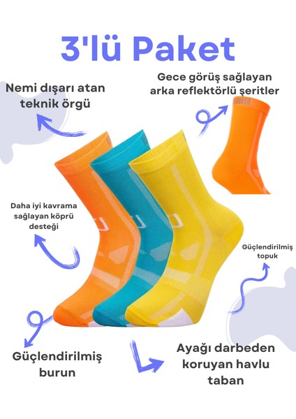 3'lü Paket Unisex Reflektörlü Nem Emici Özelliğe Sahip, Bisiklet Çorabı, Bisikletçi Çorabı