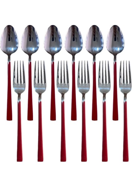 Parlak Gümüş Kırmızı Tatlı Çatal ve Kaşık Seti - 12 Adet Kahvaltı Pasta Tatlı Çatal Kaşık Seti