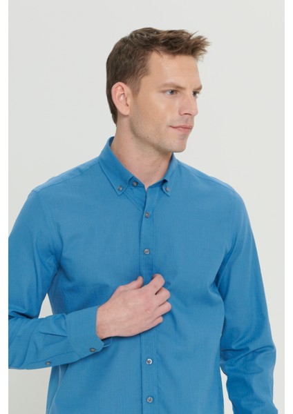 Erkek Petrol Slim Fit Düğmeli Yaka Keten Görünümlü %100 Pamuk Flamlı Gömlek